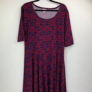 Lularoe Womens Geometric Blue Red Plus Size Nicole Dress Size 3XL Short Sleeve.